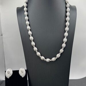 Vintage Monet Silver Textured Bead Necklace and Earrings Set